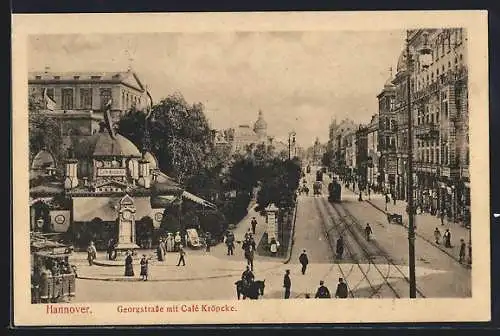 AK Hannover, Georgstrasse mit Café Kröpcke und Strassenbahn