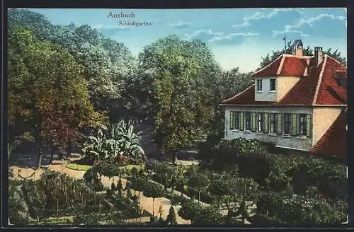 AK Ansbach / Mfr., Schlossgarten mit Gebäude aus der Vogelschau