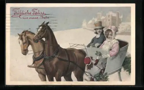 AK Paar im Pferdeschlitten vor einem Schloss, Kleine Stechpalmen-Verkäuferin