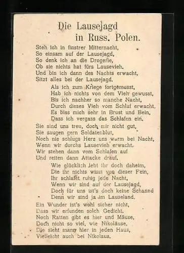 AK Die Lausejagd in Russ. Polen, Gedicht