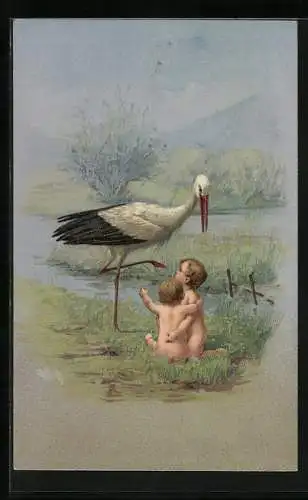AK Storch mit zwei Babys am Ufer