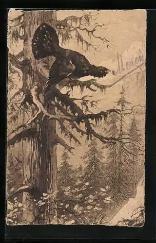 Lithographie Auerhahn auf einem Baum im Gebirge