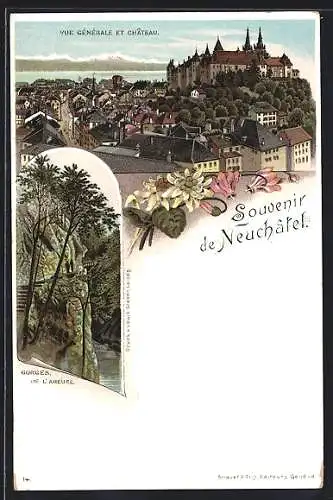 Lithographie Neuchatel, Vue generale et Chateau, Gorges de l`Areuse