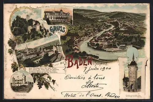 Lithographie Baden, Casino, Schloss Stein, Schartenfeld, Gefängnisturm