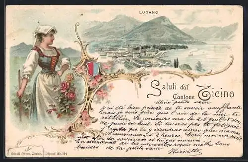 Lithographie Lugano, Ortsansicht, Frau in Tracht, Wappen