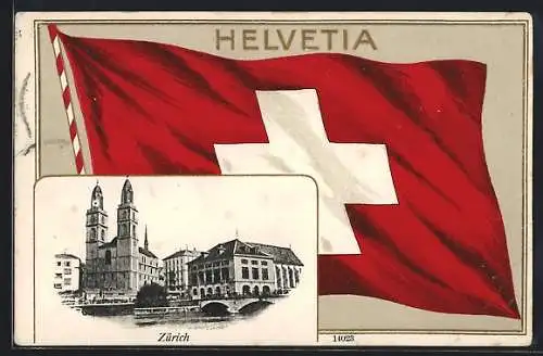 Passepartout-Lithographie Zürich, Schweizerische Flagge, Helvetia, Teilansicht des Ortes