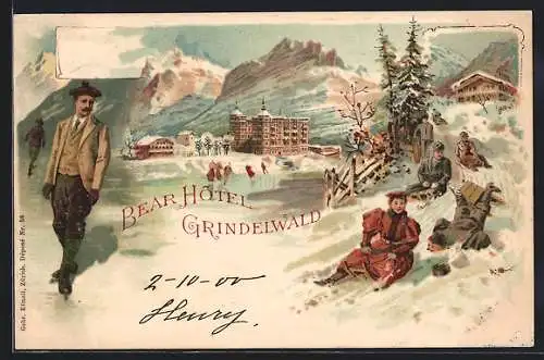 Lithographie Grindelwald, Bear Hotel mit Eisläufern