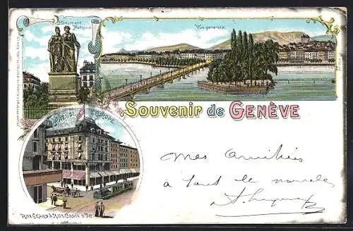 Lithographie Geneve, Hotel de l`Europe, Monument National