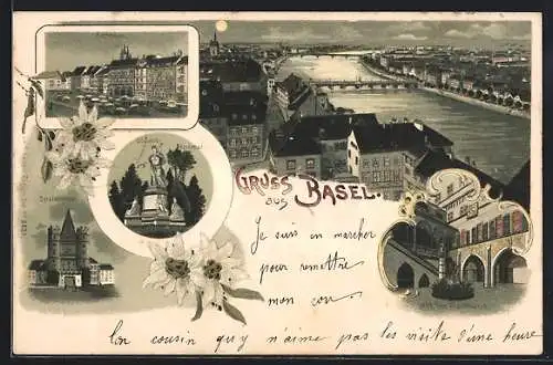 Lithographie Basel, Rathaus mit Innenhof, Spalentor, St. Jackob-Denkmal, Rheinpartie