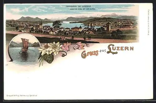 Lithographie Luzern, Panorama avec le Rigi et les Alpes, Barque du Lac