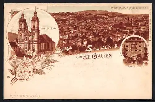 Lithographie St. Gallen, Panorama von der Falkenburg, Stiftskirche und Karlsthor