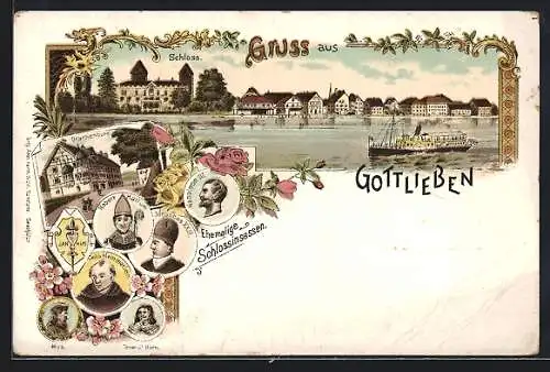Lithographie Gottlieben, Ortsansicht mit Dampfschiff, Schloss, Napoleon III., Drachenburg, Felix Hemmerlein