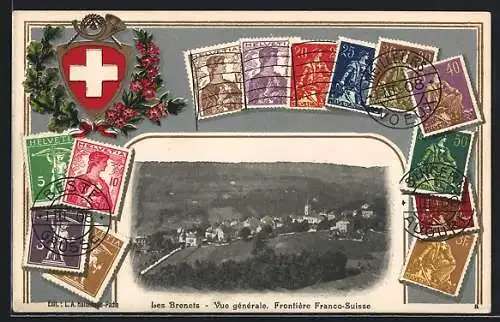 Präge-AK Les Brenets, Vue générale, Frontière Franco-Suisse, Wappen und Briefmarken