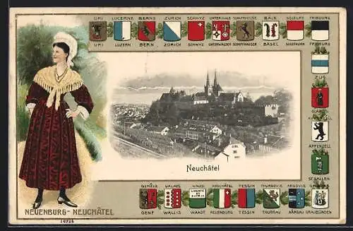 AK Neuchâtel, Teilansicht mit Kirche, Frau in Tracht, Wappen von Bern, Schwyz und Tessin