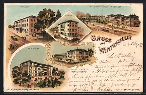 Lithographie Winterthur, Technikum, Museum, Knabenschulhaus St. Georgen