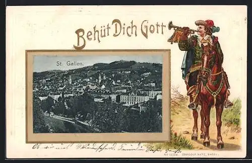 Lithographie St. Gallen, Teilansicht mit Kirche, Trompeter zu Pferde, Behüt Dich Gott
