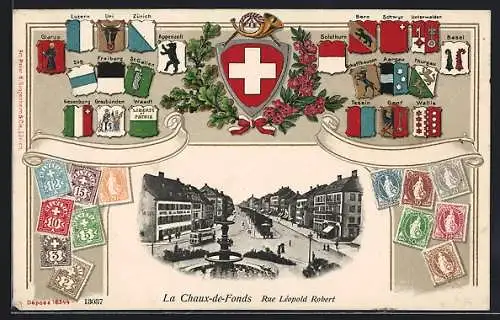 Passepartout-Lithographie La Chaux-de-Fonds, Rue Léopold Roberg, Strassenpartie mit Strassenbahn, Wappen von Uri & Zürich