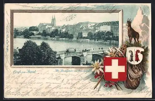 AK Basel, Alte Rheinbrücke mit Grossbasel, Stilleben mit Schweizer Kreuz und Eispickel