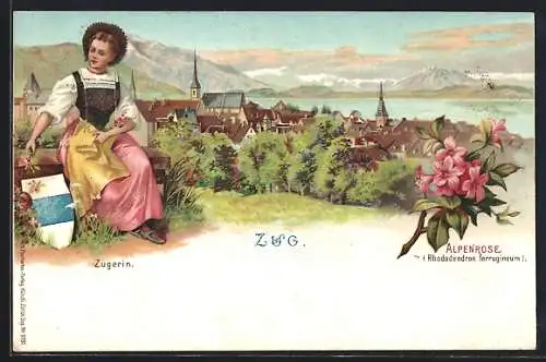 Lithographie Zug, Teilansicht, Zugerin in Tracht, Wappen