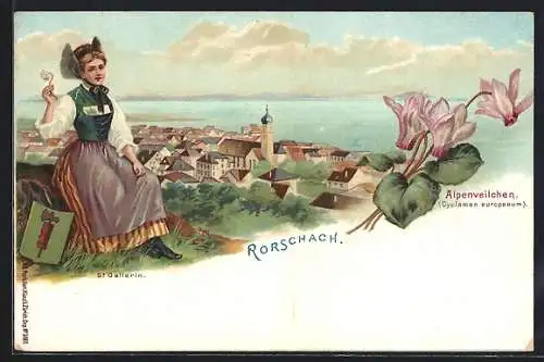 Lithographie Rorschach, Ortsansicht, St. Gallerin, Alpenveilchen
