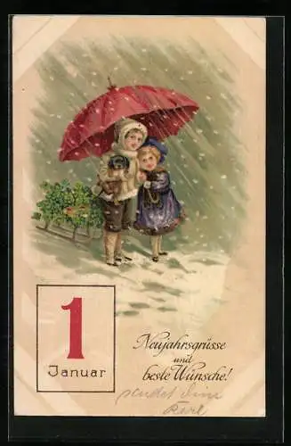 AK Geschwisterpaar mit Schirm und Schlitten bringt Kleeblätter zu Neujahr