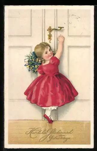 AK Kleines Mädchen bringt Blumenstrauss zum Geburtstag