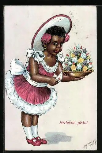 AK Mädchen bringt Blumenkorb und Brief zum Geburtstag