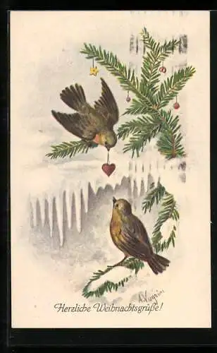 AK Singvogel überreicht ein Herz auf einem weihnachtlichen Zweig