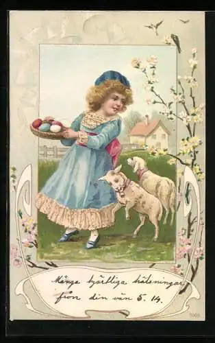 AK Kleines Mädchen mit Osterkorb umgeben von Lämmern