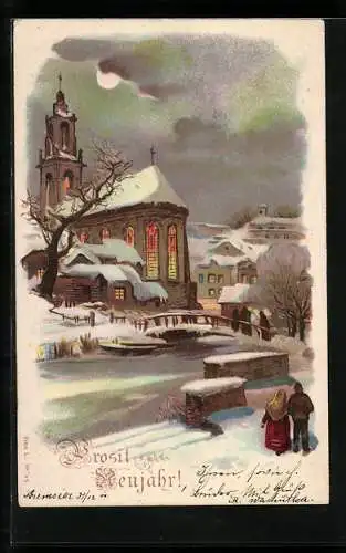 AK Prosit Neujahr, winterliche Ortsteilansicht mit Kirche