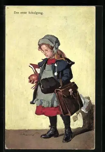 AK Der erste Schulgang, Mädchen mit Schulmappe über der Schulter