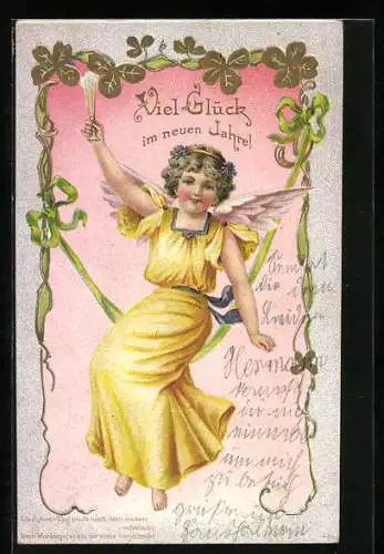 AK Neujahrsengel mit Sektglas auf einer Schaukel wünscht Viel Glück fürs neue Jahr