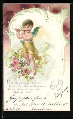 Künstler-AK Flötespielender Engel mit Rosen