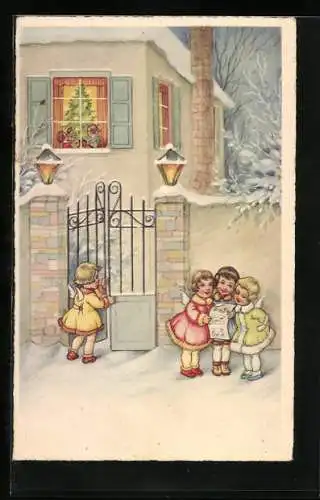 AK Weihnachtsengel singen vor verschneitem Wohnhaus