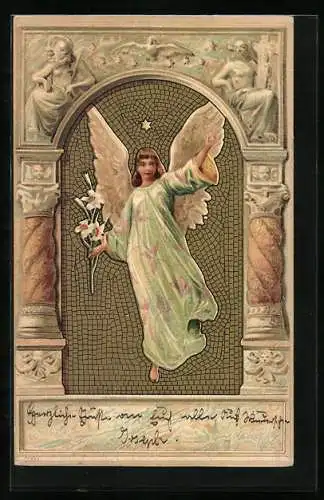 AK Engel schwebt mit Blumen in der Hand unter einem Torbogen