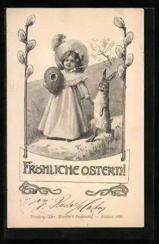 AK Mädchen geht mit Osterhase und Osterei spazieren