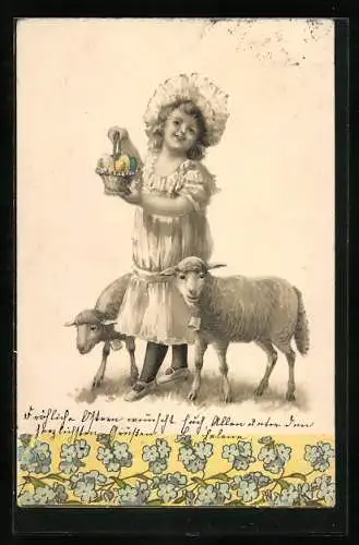 Präge-AK Kleines Mädchen mit Osterkorb und Lämmern, Ostergruss