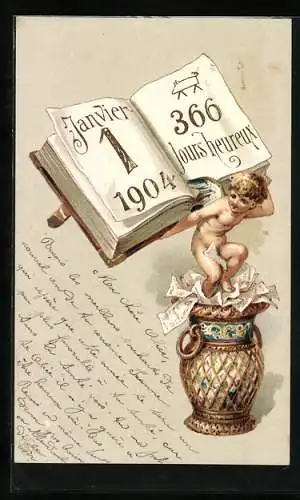 AK Neujahrsengel mit Buch zum Jahresbeginn 1904