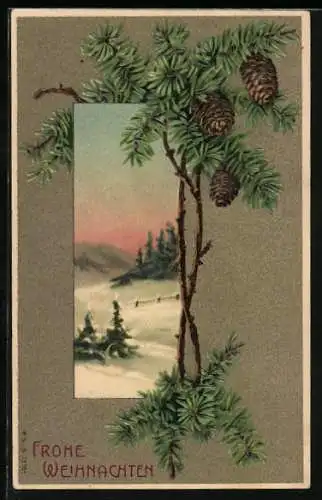 Präge-AK Frohe Weihnachten, Winterlandschaft und Tannenzweige