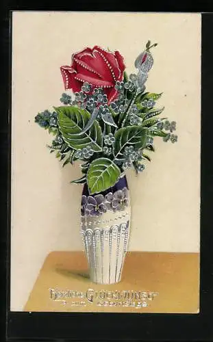 AK Glückwünsche zum Geburtstag, Blumenstrauss mit Rosen und Vergissmeinnicht