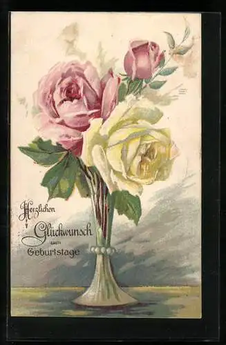 AK Glückwunsch zum Geburtstage, Rosenstrauss in Vase