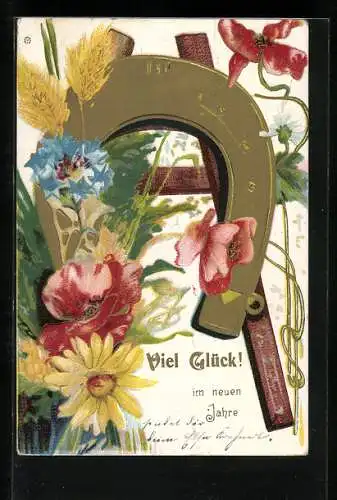 AK Viel Glück im neuen Jahre, Hufeisen gerahmt von Blumen