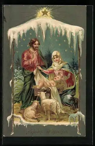 Präge-AK Maria und Josef mit dem Christkind in der Krippe