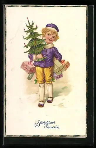 AK Kleiner Junge bringt Weihnachtsbaum und Geschenke