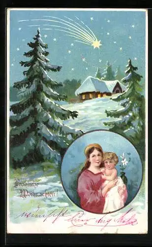 AK Maria und Christkind, Weihnachtsstern über winterlicher Landschaft