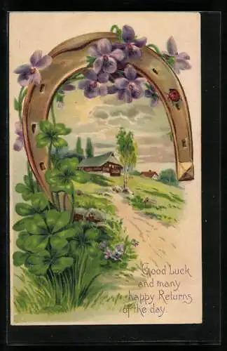 AK Hufeisen mit Berglandschaft, Veilchen und Kleeblättern