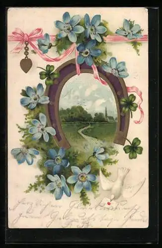 AK Hufeisen umgeben von Vergissmeinnicht und Kleeblättern