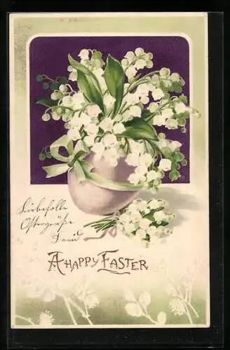 AK A Happy Easter, Maiglöckenstrauss im Osterei