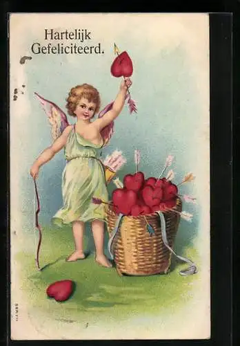 AK Amor mit Pfeil, Bogen und Korb voller Herzen