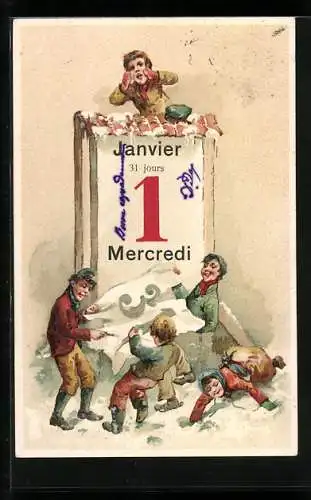 Präge-AK Kinder an Neujahr enthüllen das erste Kalenderblatt